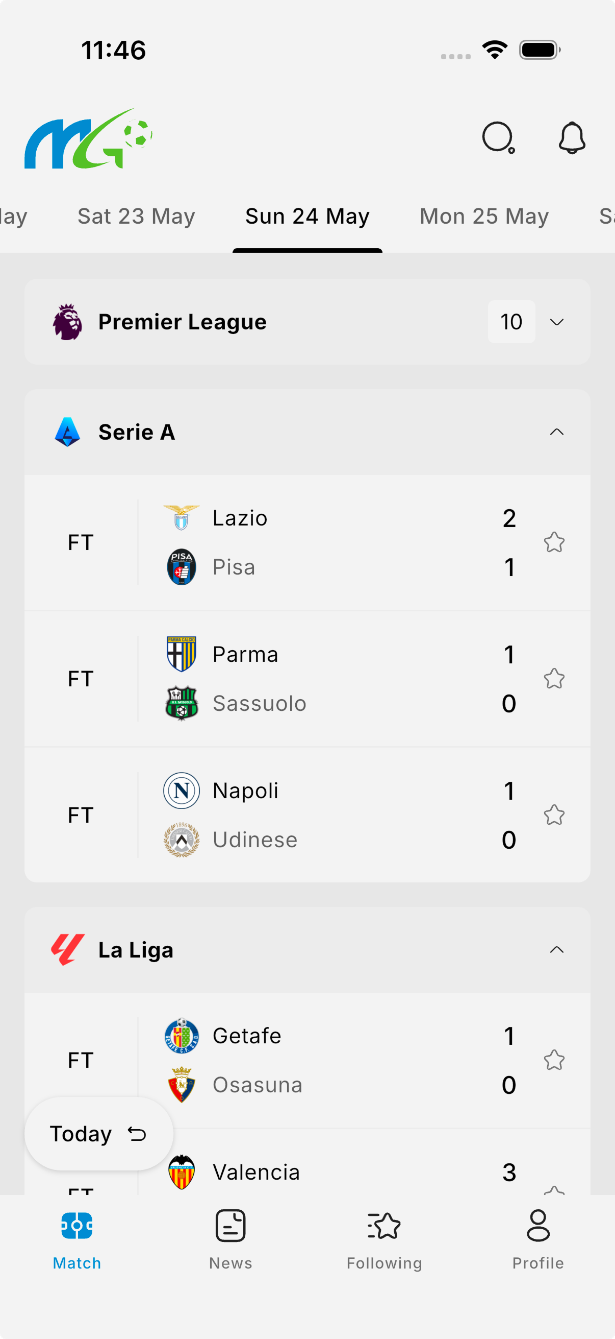 Myanmar Goal home screen with live fixtures grouped by league